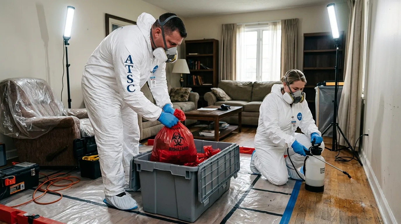 Professional Hazmat Cleanup technician in full PPE working in Grosse Pointe Farms